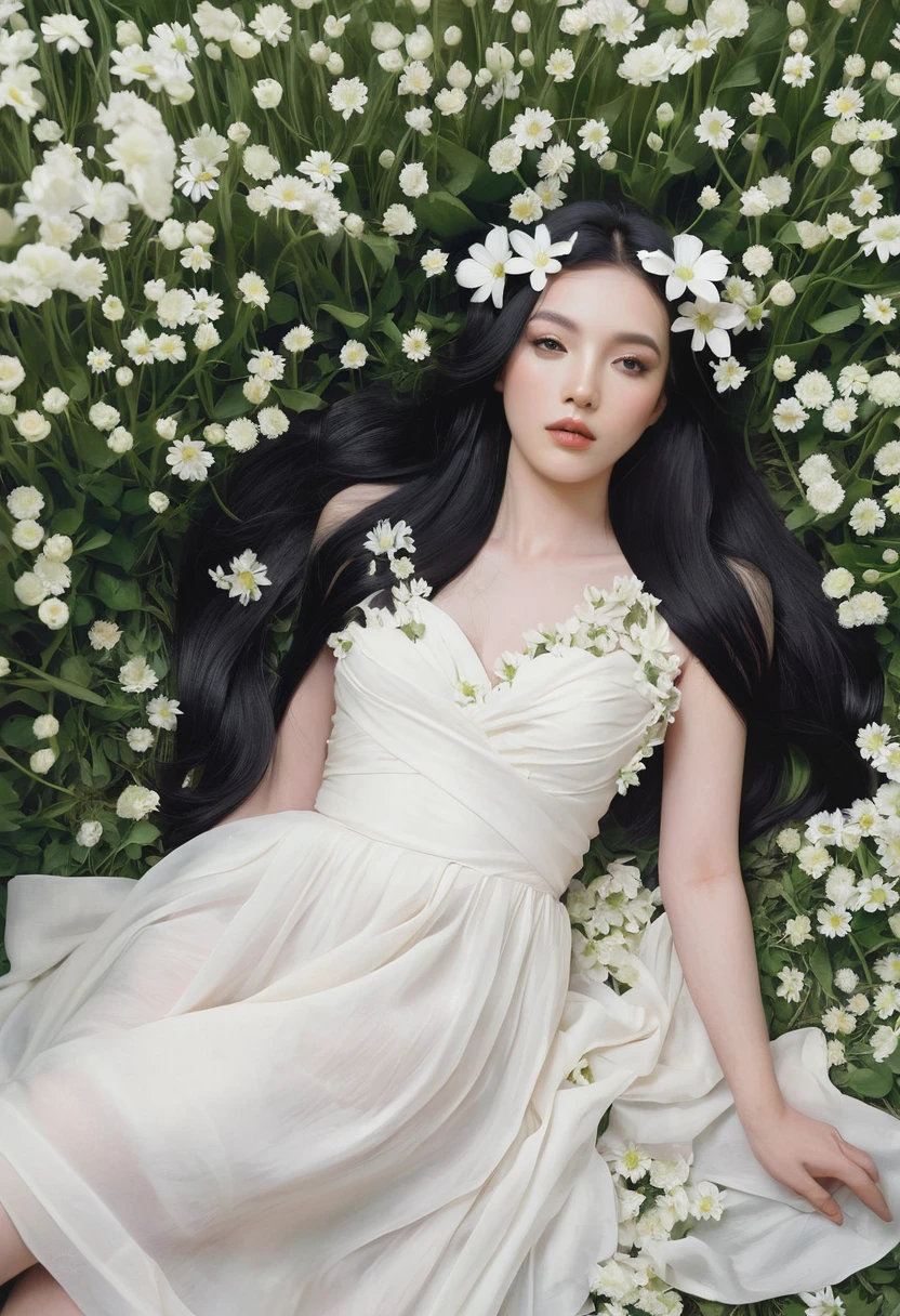 (oil painting:1.5), a woman with long black hair and white flowers in her hair is laying down in a field of white flowers, (amy sol:0.248), (stanley artgerm lau:0.106), (a detailed painting:0.353), (gothic art:0.106)