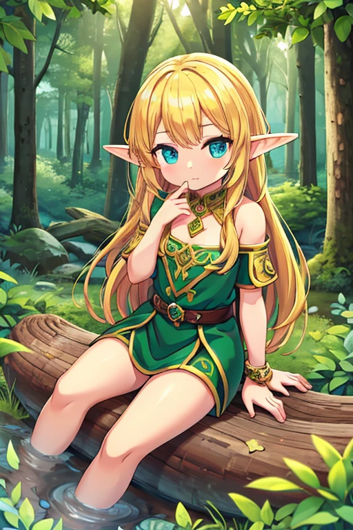 elf girl, blond hair, medium chest, forest background, sitting on log