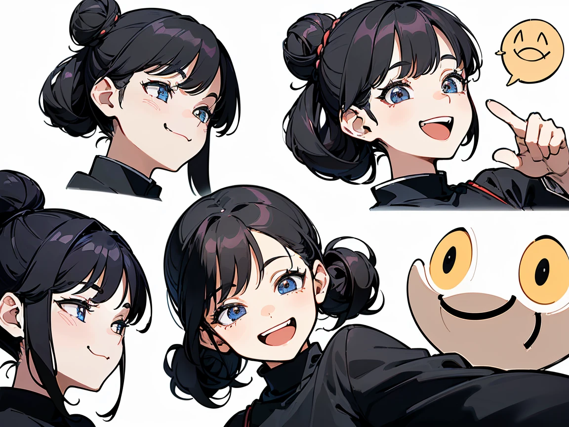 21 years old, Black-haired girl, (((Smiley Face, Flirting face, Excited face, Excited face, Scared face, Confused face))) ((Bun hairstyle)) (((Detailed character list, Front view, side view, Three-quarter view))) (((White background)))