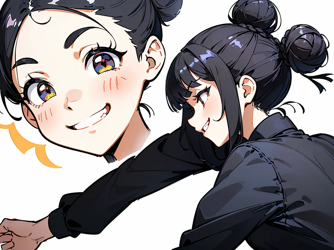 21 years old, Black-haired girl, (((Smiley Face, Flirting face, Excited face, Excited face, Scared face, Confused face))) ((Bun hairstyle)) (((Detailed character list, Front view, side view, Three-quarter view))) (((White background)))