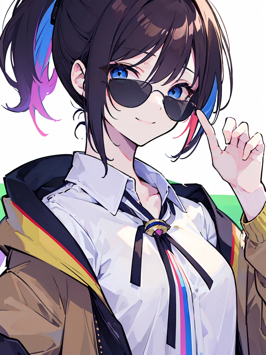 (best quality、masterpiece:1.2) (((1 girl))) Flat chest short hair、blue eyes、Brown hair ((sunglasses)) (vulgar smile) jacket、Ponytail、White shirt, rainbow hair color