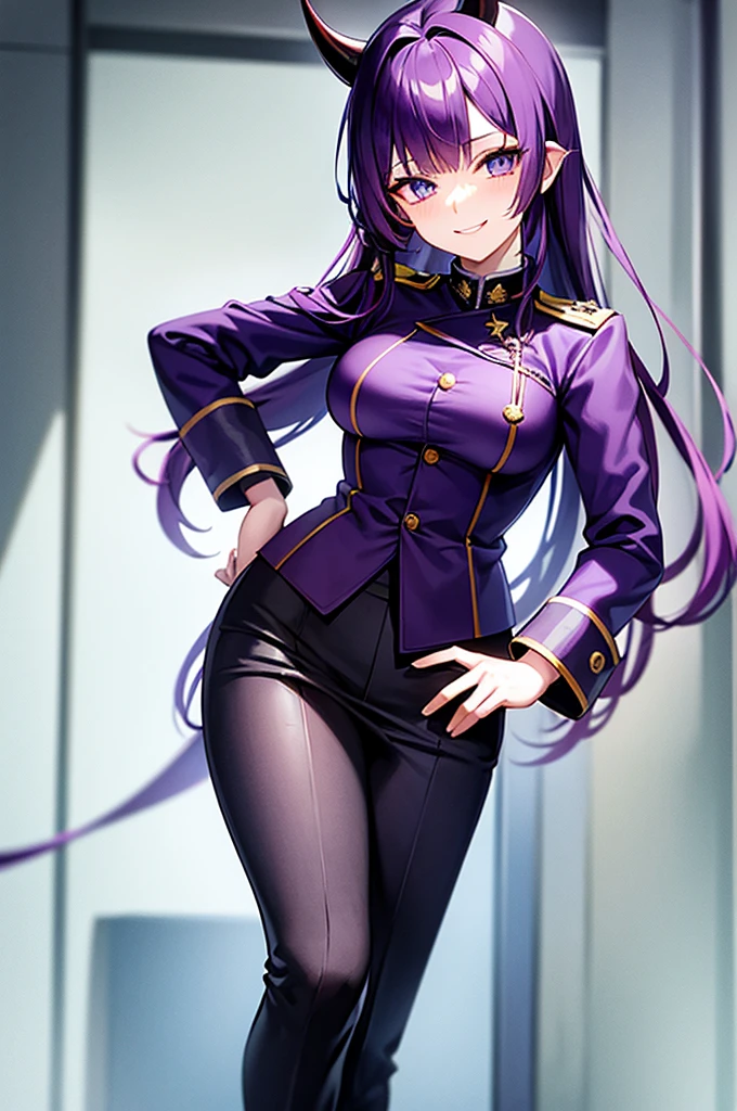 tall girl, PURPLE HAIR, horns on the head, blue eyes, purple military uniform, closed military jacket, office pants with skirt, smiling, White background