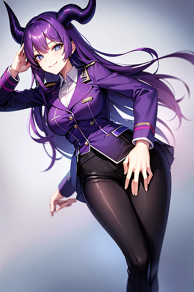 tall girl, PURPLE HAIR, horns on the head, blue eyes, purple military uniform, closed military jacket, office pants with skirt, smiling, White background