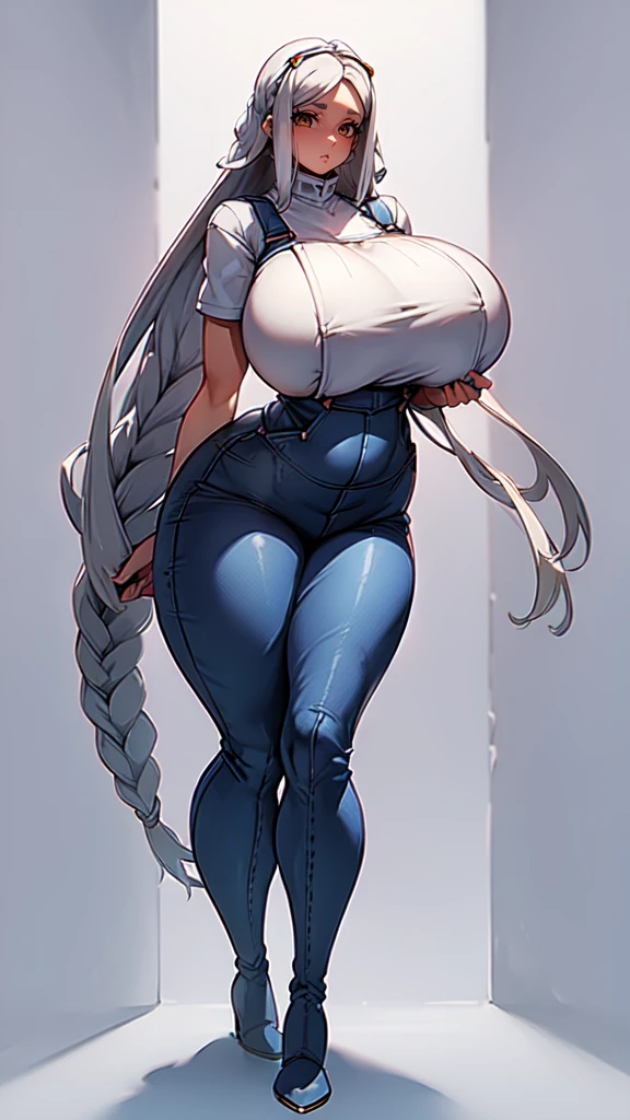 ((blank background)), masterpiece, best quality, silver hair, (curvy:1.7), (massive ??????:1.5), ((full body framing)), (long legs:1.6), symmetry, farmer woman, (blue overalls), long boots, belt below navel, lumberjack shirt, (braided hair)