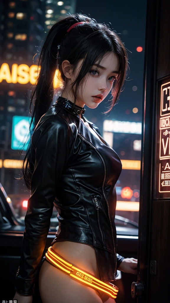 8K,beautiful,cyber punk,cyber punkな街並み,Neon night,Charming girl at 18 years old,Baby Face,ponytail,Long Shot,whole body,Composition from afar