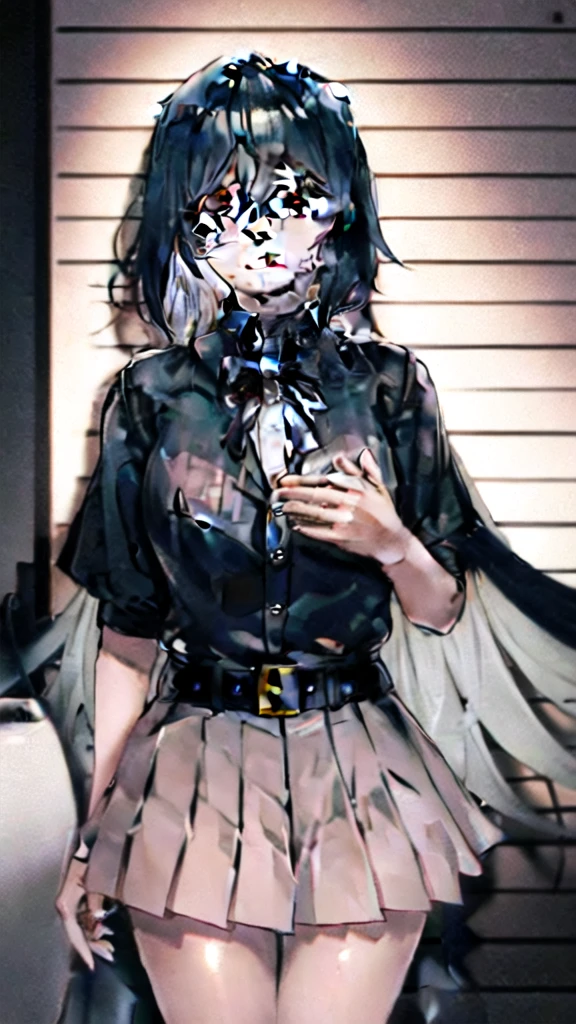 General Details: very detailed, highly detailed, exceptionally high detail, exceptionally detailed, best quality, 2.5D artwork, perfect lighting and shadows, perfect artwork, one girl, beautiful hands, perfect hands
Clothing: clothing, (simple dark gray pleated short skirt: 1.4), (black leather belt with shiny gold buckle: 1.3), (dark red bow tie: 1.2), short sleeves, white shirt, shirt with white buttons
Facial Expression: slight smile at the corner of the mouth, sly gaze
Posture: standing, posing, looking at the viewer
Character Traits: slender, kawaii, perfectly symmetrical face, slightly pink soft cheeks, extremely cute girl, extremely cute face, exceptionally detailed eyes, exceptionally detailed hair, extremely cute
Background: abandoned city, night, dark, deep focus, exceptionally detailed background
Additional Physical Characteristics: large hips, large thighs, beautiful long slim legs
Hairstyle: (short bob with see-through bangs), single pigtail on the left, hair between the eyes, multi-colored hair, (white hair with light red tips), amber eyes