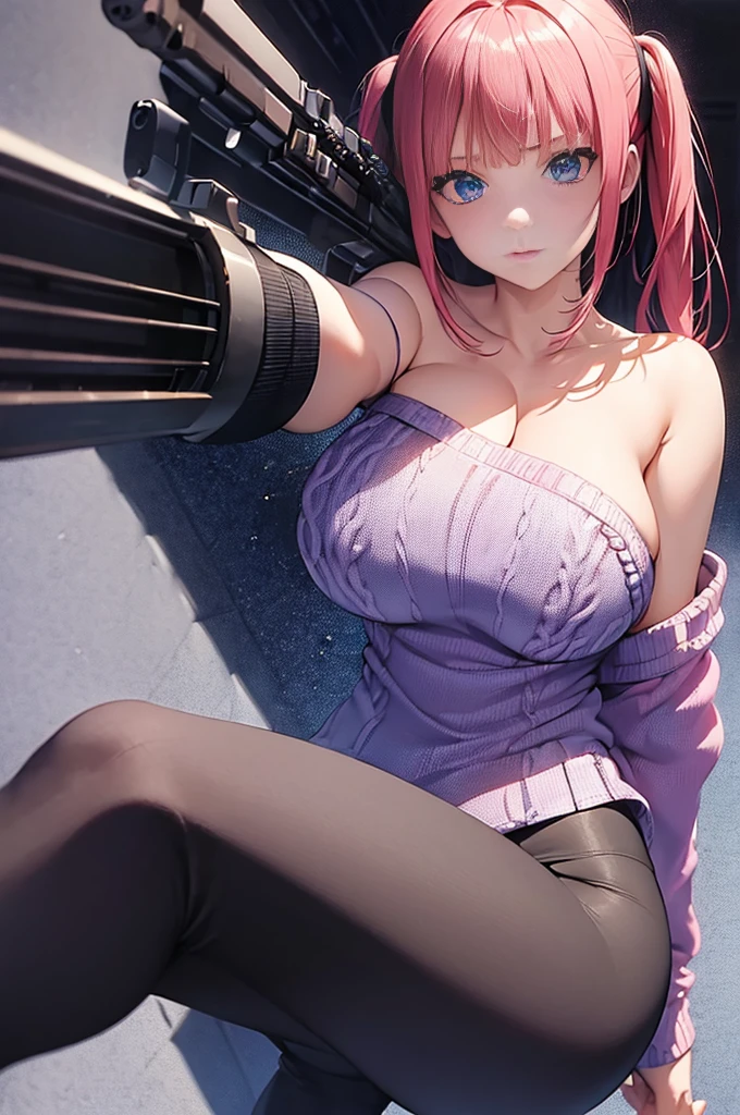 optimum，Masterpiece，high resolution，of the highest quality，（Upper part of the body），Beautiful face，，pink hair、twin tails、wide、hair line，（（Blue eyes）），long eyelashes，drooping corners of the eyes，White skin，((Shoot from the front:1.5)), ((Off Shoulder Fitted Knit Sweater:1.5)), ((tight yoga pants)). ((transparent nipples))、((black gloves))、rocket , ((big breasts:1.3))