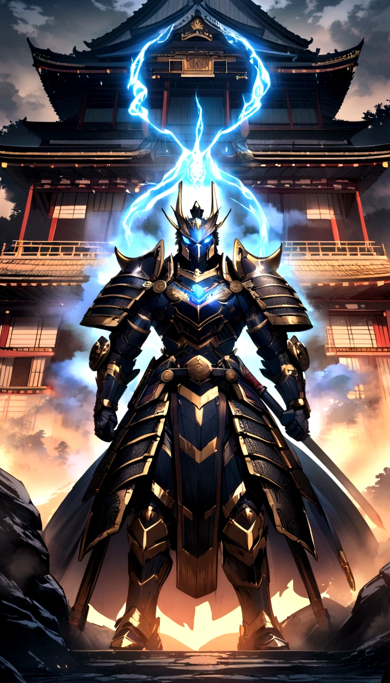 Generate a futuristic samurai warrior standing in front of a traditional Japanese castle. The warrior wears a high-tech armor that combines traditional Japanese samurai elements with advanced mechanical parts. The armor is predominantly black with gold accents, featuring intricate designs and glowing blue highlights. The setting is foggy, adding a mystical and powerful aura to the scene. The samurai is accompanied by similarly dressed warriors, all exuding a sense of strength and unity.