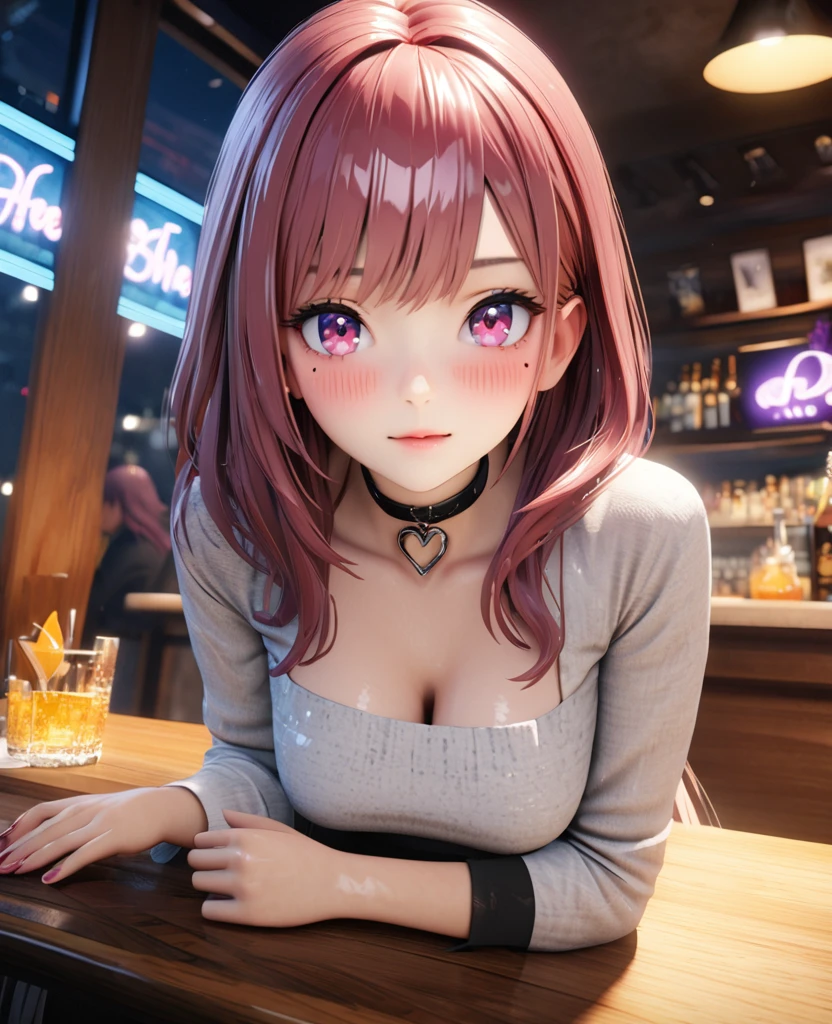 masterpiece, best quality, very detailed, high resolution, expensive resolution, high resolution, 4K, 8k, Unity 8k wallpaper, highly detailed CG, masterpiece, 2D, 3D, beautiful details, depth, fine texture, best quality: 1.3, perfectly focused, crispy skin, he,
Very cute anime girl, two girls who are employees of a night bar, sexy dress, big breasts, expensive pink medium long hair and brown short hair, two girls, night bar, mole under eye, looking at the viewer, expensive, blush, mole, lips parted,, heart, pink eyes, choker