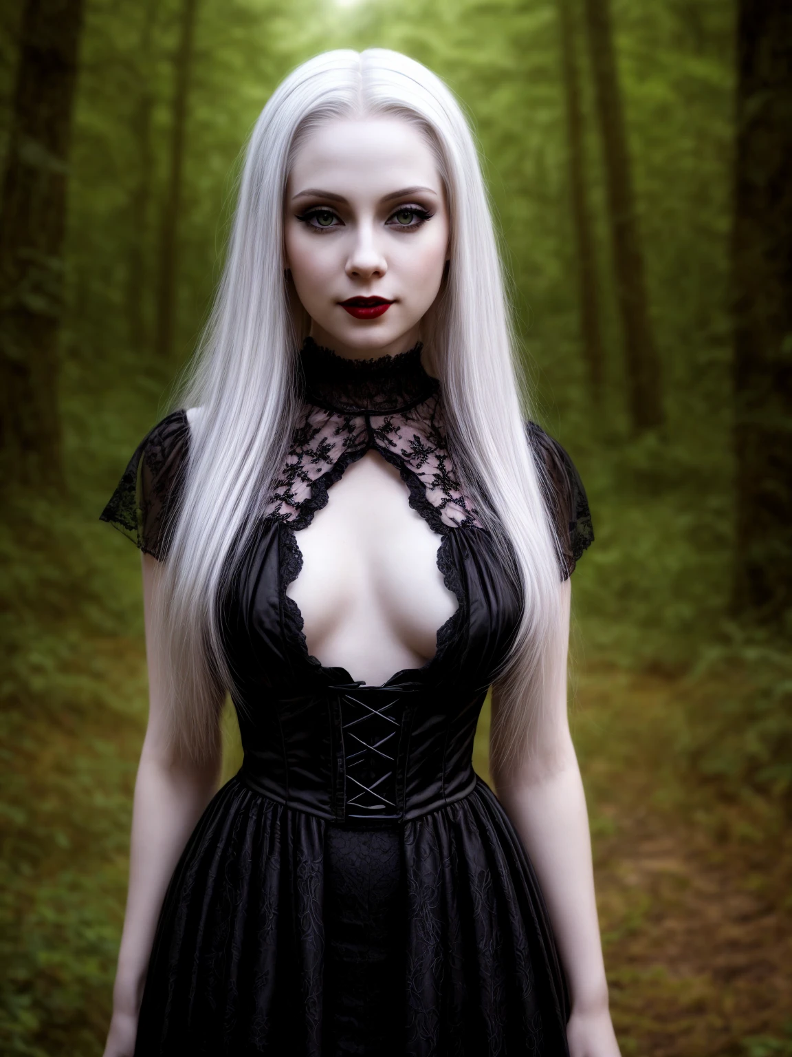 female sexy vampire|albino, pale porcelain skin, sexy vintage black dress, smile, shallow depth of field, grin|creepy, nightfall, detailed face, night, wide hips, narrow waist, portrait of woman standing, detailed eyes, portrait of woman standing, 8k RAW photo, highest quality, looking at the viewer, best shadow, intricate details, long hair, bright eyes, forest, grave, gothic, goth detailed, highres, high qualilty, high saturation