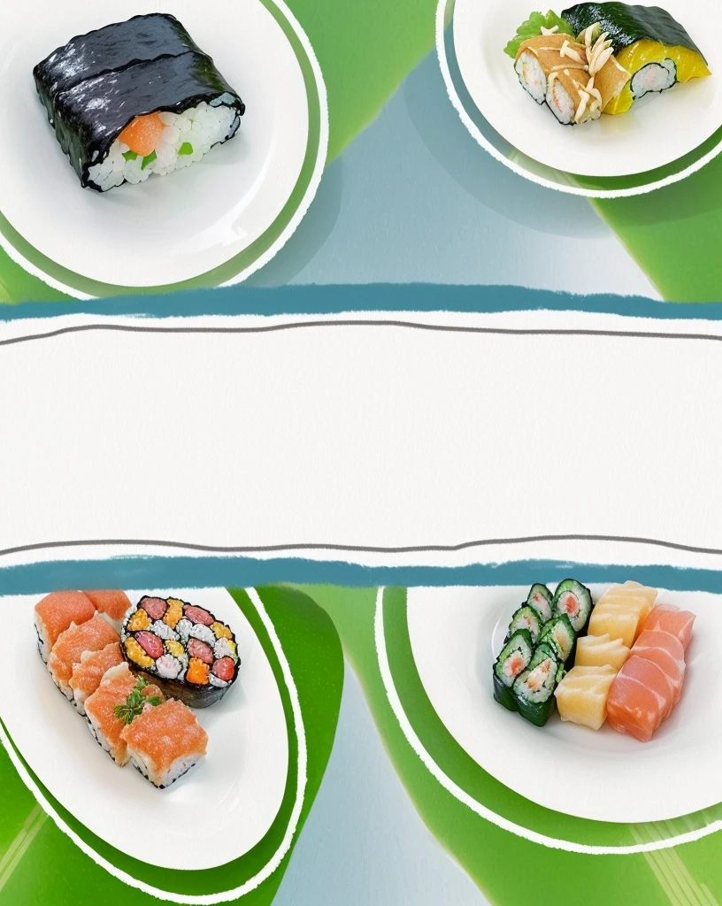 there are four different types of sushi on plates on a table, inspired by Masamitsu Ōta, japanese, japanese fusion cuisine, banner, offering a plate of food, けもの, yummy, inspired by Nishida Shun'ei, japanese collection product, snacks, sushi, rice, website banner, serving suggestion, background image, feast, cuisine