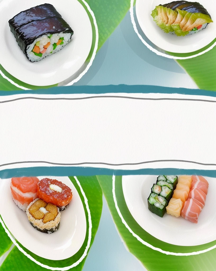 there are four different types of sushi on plates on a table, inspired by Masamitsu Ōta, japanese, japanese fusion cuisine, banner, offering a plate of food, けもの, yummy, inspired by Nishida Shun'ei, japanese collection product, snacks, sushi, rice, website banner, serving suggestion, background image, feast, cuisine