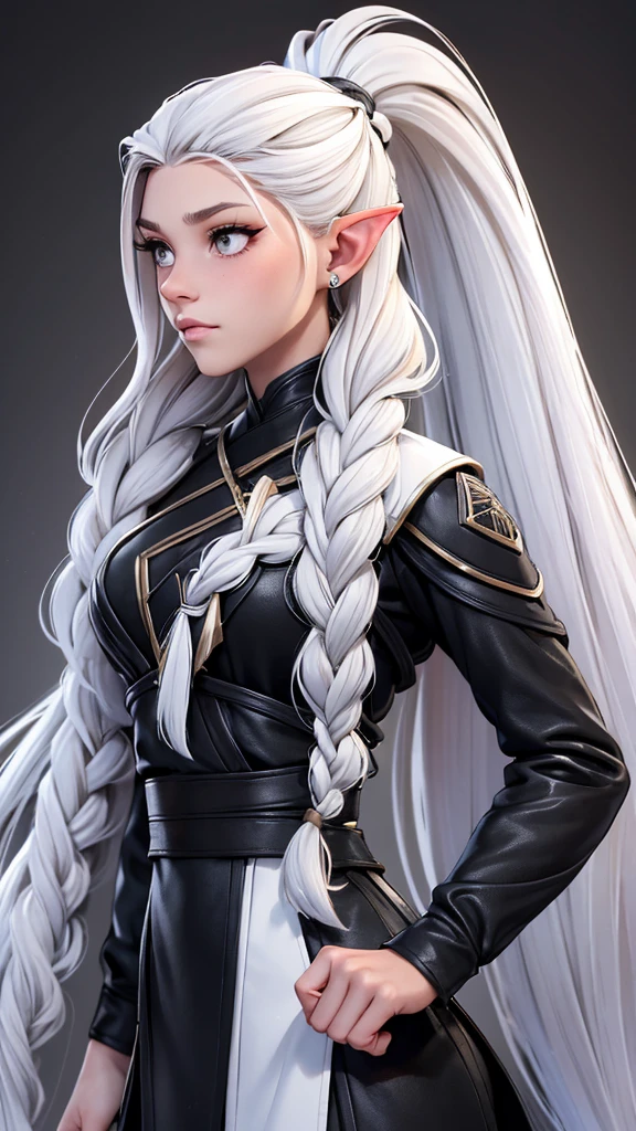 Millicent is a 21 year old young woman...., Tall and fit physique. He has light skin and gray eyes with small pupils..... Long wavy white hair braided in a high ponytail with many small braids... It has long and pointed ears.. Described as an incredibly beautiful girl... Prefers to wear black clothes.., gray and white colors. 8k.