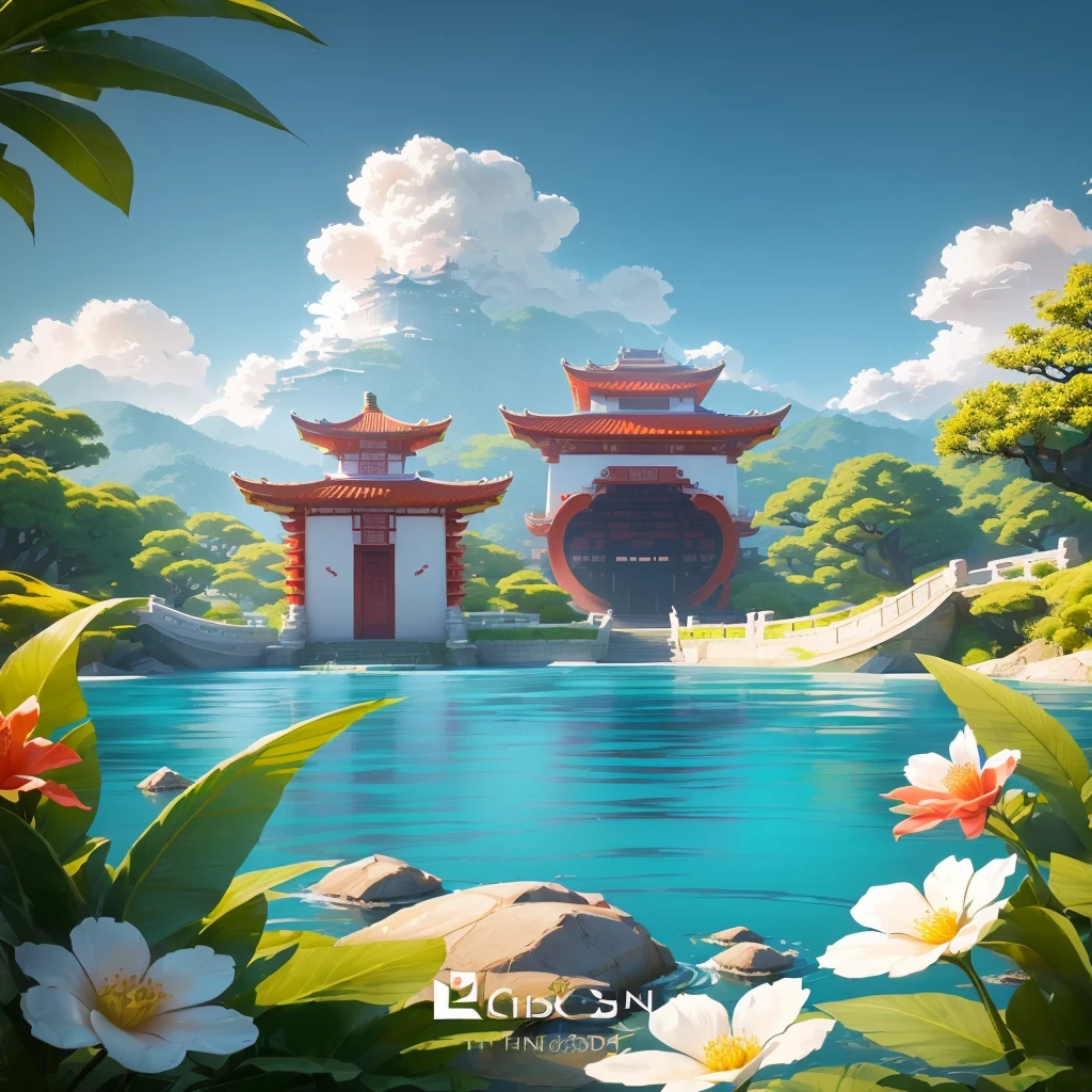 There is a painting of a pagoda in the middle of the lake, Dreamy Chinatown, 3D rendering style, Pagoda Figures, Anime Landscape, Beautiful and detailed scenes, Water Temple, Ross Chen. Landscape background, 3 d stylize scene, Chinese scenery, Zen temple background, Stylized 3d rendering, Beautiful digital artwork, Beautiful landscape rendering