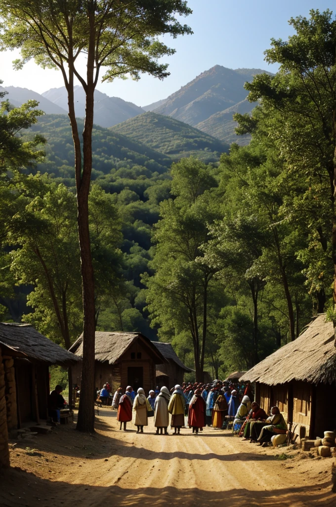 The village has forests, almsgiving, and people&#39;s houses. 