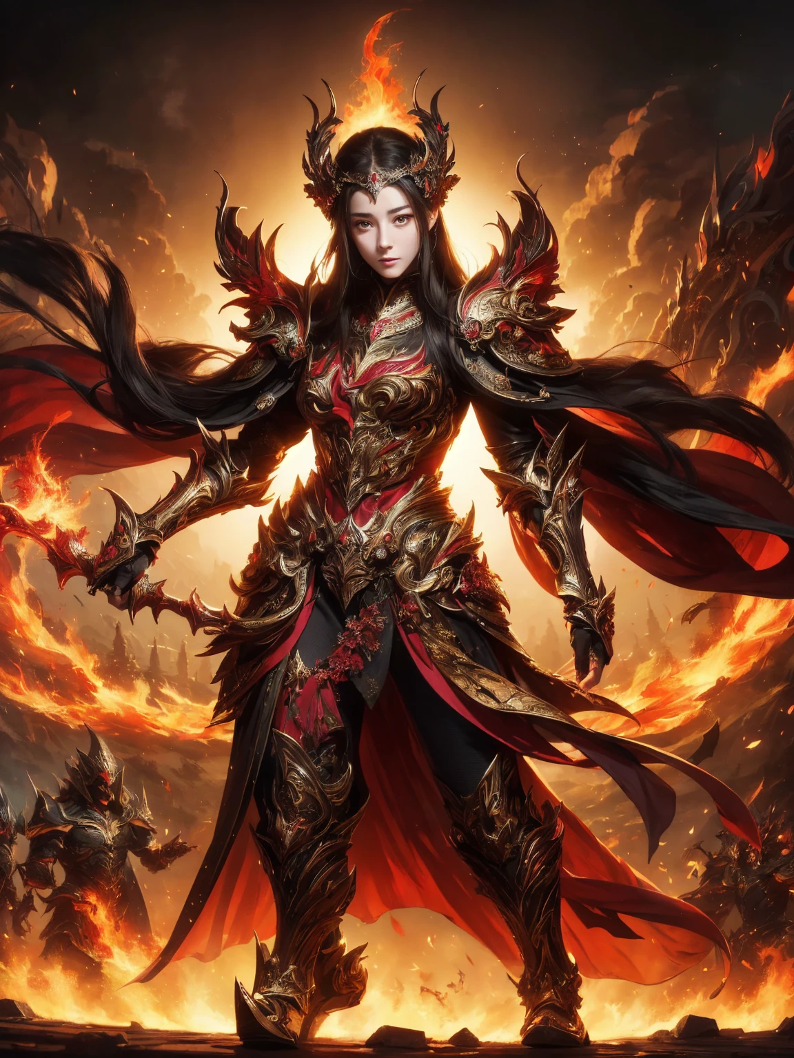 ((Full body shot)), ((Low angle view)), ((Detailed background)), ((Battlefield, group of armies)), (masterpiece, top quality, best quality, official art, beautiful and aesthetic:1.2), (1girl),craft a Hyper-realistic portrayal of a futuristic (1girl1.2), (beautiful Dilireba), beautiful character donned in intricate armor surrounded by captivating flames, an epic long (sword:1.2), Dynamic pose, Random pose, Dynamic angle, battle stance, Meticulous details capture the intense fusion of tradition and innovation in this visually stunning composition. Trending on Artstation. Perfect lighting,,