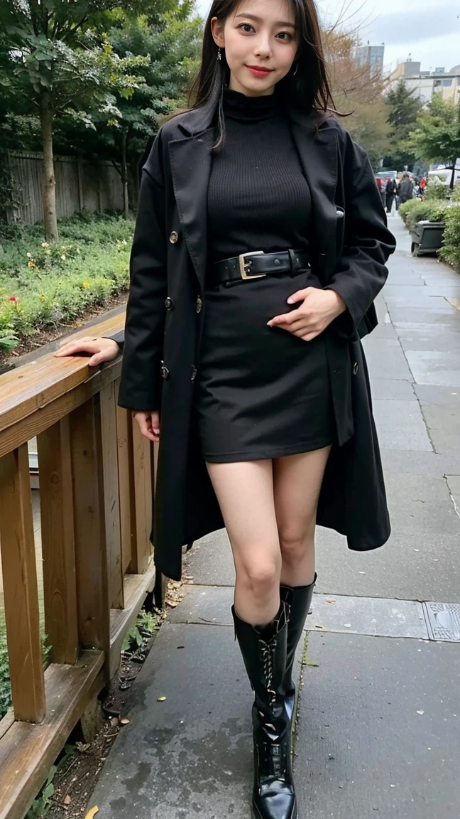 (8K、RAW Photos、Highest quality、masterpiece:1.2)、(Realistic、Realistic)、1 Girl、((Black coat、one piece、黒のロングskirt、skirt、boots、Big Breasts、whole body、garden、View from the front、Looking into the camera、Stand with one hand on your hip))、