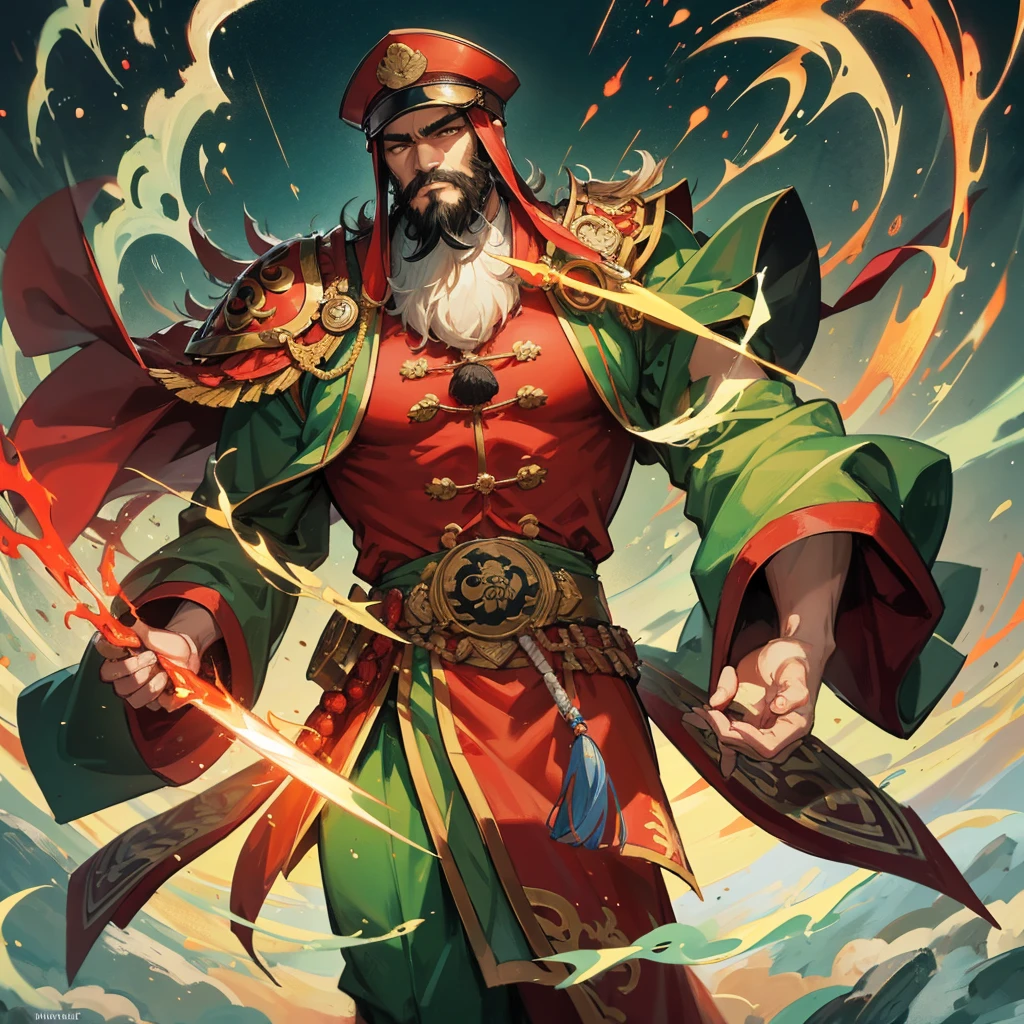 divinity无敌大将军,China,Guan Yu,divinity,myth,Powerful,male,Bearded,Red skin,Light in the eyes,thunder,Green clothes,muscle,Holding a big knife,myth,Gods,divinity无敌
