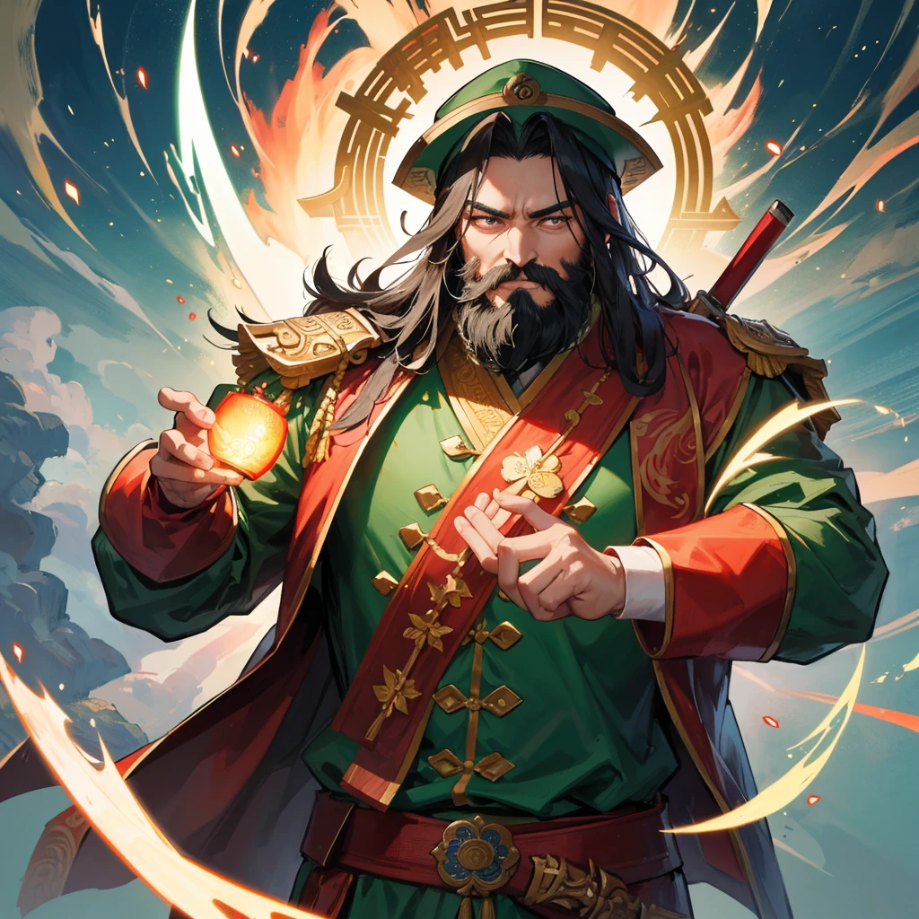 divinity无敌大将军,China,Guan Yu,divinity,myth,Powerful,male,Bearded,Red skin,Light in the eyes,thunder,Green clothes,muscle,Holding a big knife,myth,Gods,divinity无敌