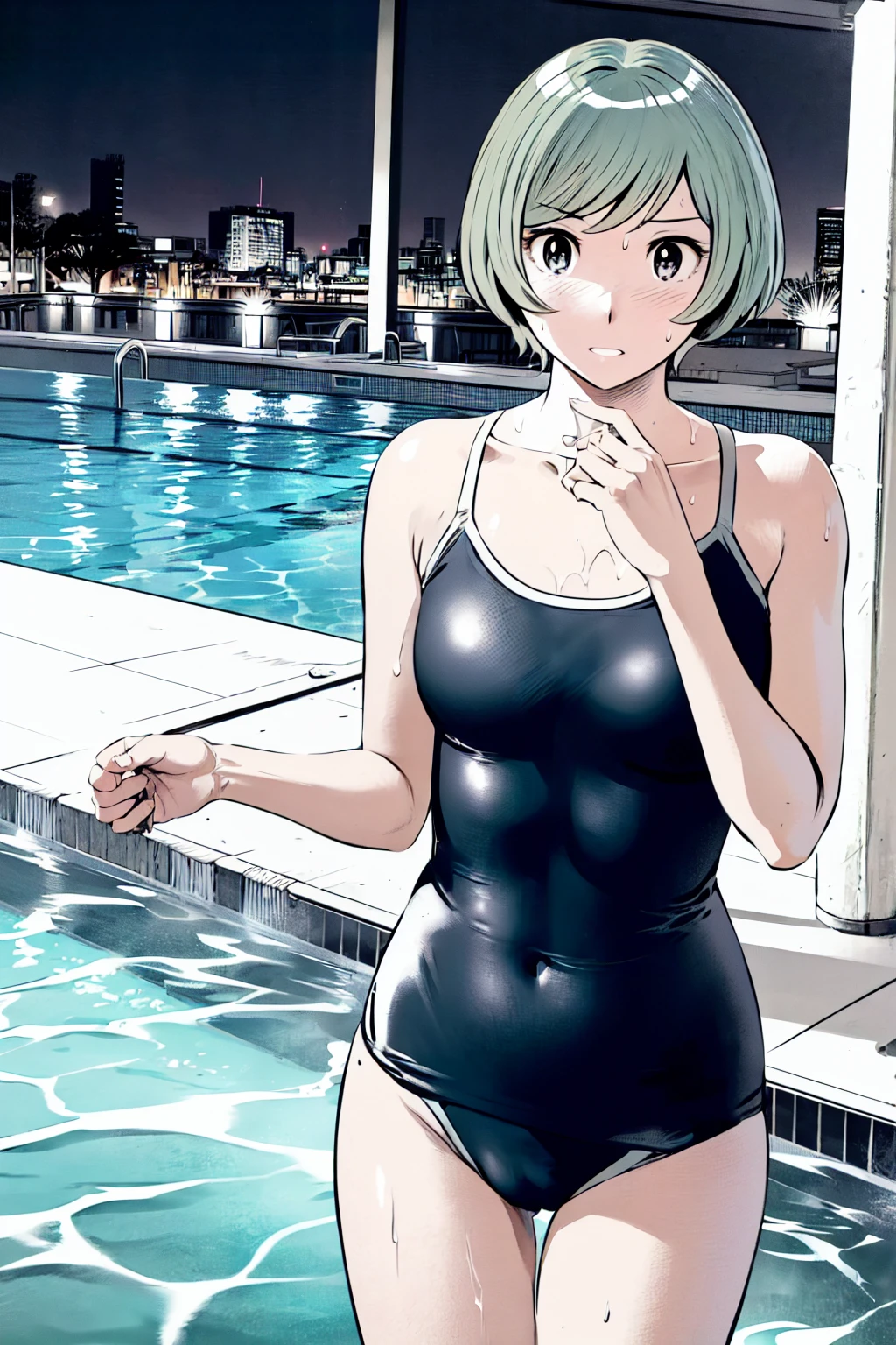 Blue school swimsuit、(masterpiece、Highest quality)、Highest quality, Ultra-high resolution, (((masterpiece))), alone, Sweat、Big eyes, Composition from the front、Shortcuts、Embarrassed face、Blonde、Cut your hair short、School swimming pool、short hair、 Line、Browsing Caution、Butt