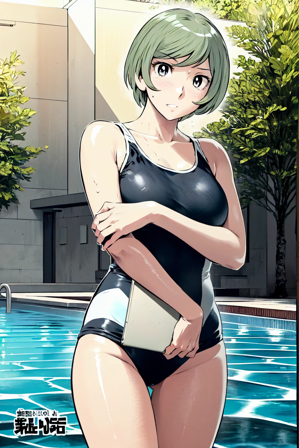 Blue school swimsuit、(masterpiece、Highest quality)、Highest quality, Ultra-high resolution, (((masterpiece))), alone, Sweat、Big eyes, Composition from the front、Shortcuts、Embarrassed face、Blonde、Cut your hair short、School swimming pool、short hair、 Line、Browsing Caution、Butt