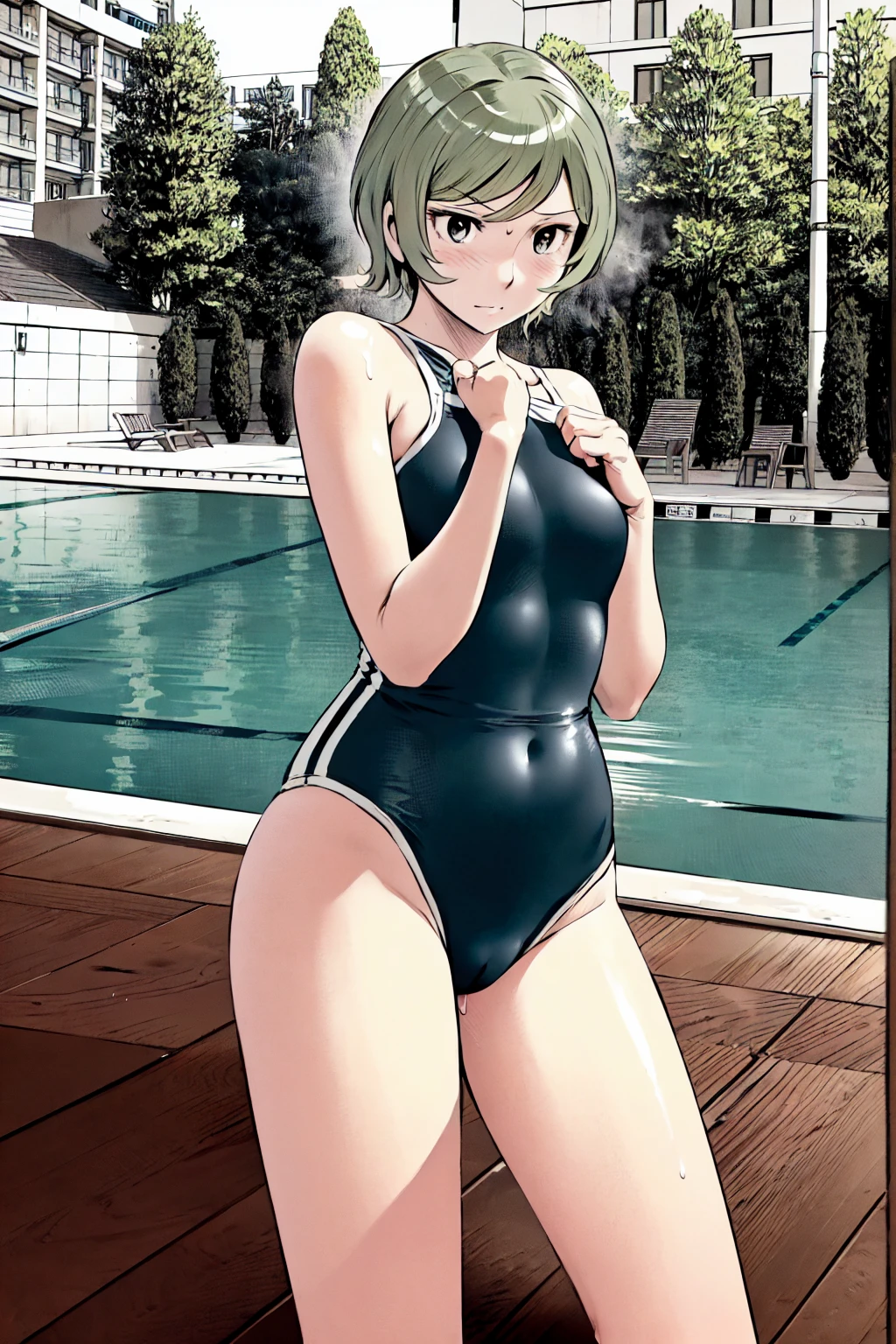 Blue school swimsuit、(masterpiece、Highest quality)、Highest quality, Ultra-high resolution, (((masterpiece))), alone, Sweat、Big eyes, Composition from the front、Shortcuts、Embarrassed face、Blonde、Cut your hair short、School swimming pool、short hair、 Line、Browsing Caution、Butt