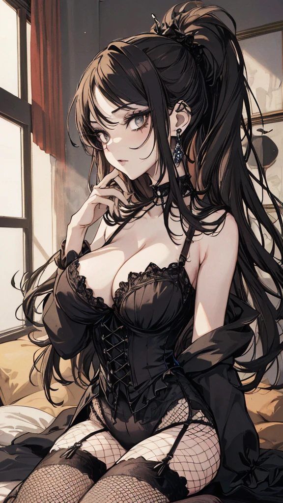 （best quality，masterpiece：1.2，detailed details，4k），((masterpiece)), ((best quality)), (ultra-detailed), anime style,large breast, slim, slender, ashamed, all fours ，Kneeling,Girl with modern gothic makeup, fair skin, long legs, black eyeshadow, camisole, plump figure, earrings and lip studs, fishnet stockings, posing in an attractive pose, lovable expressio