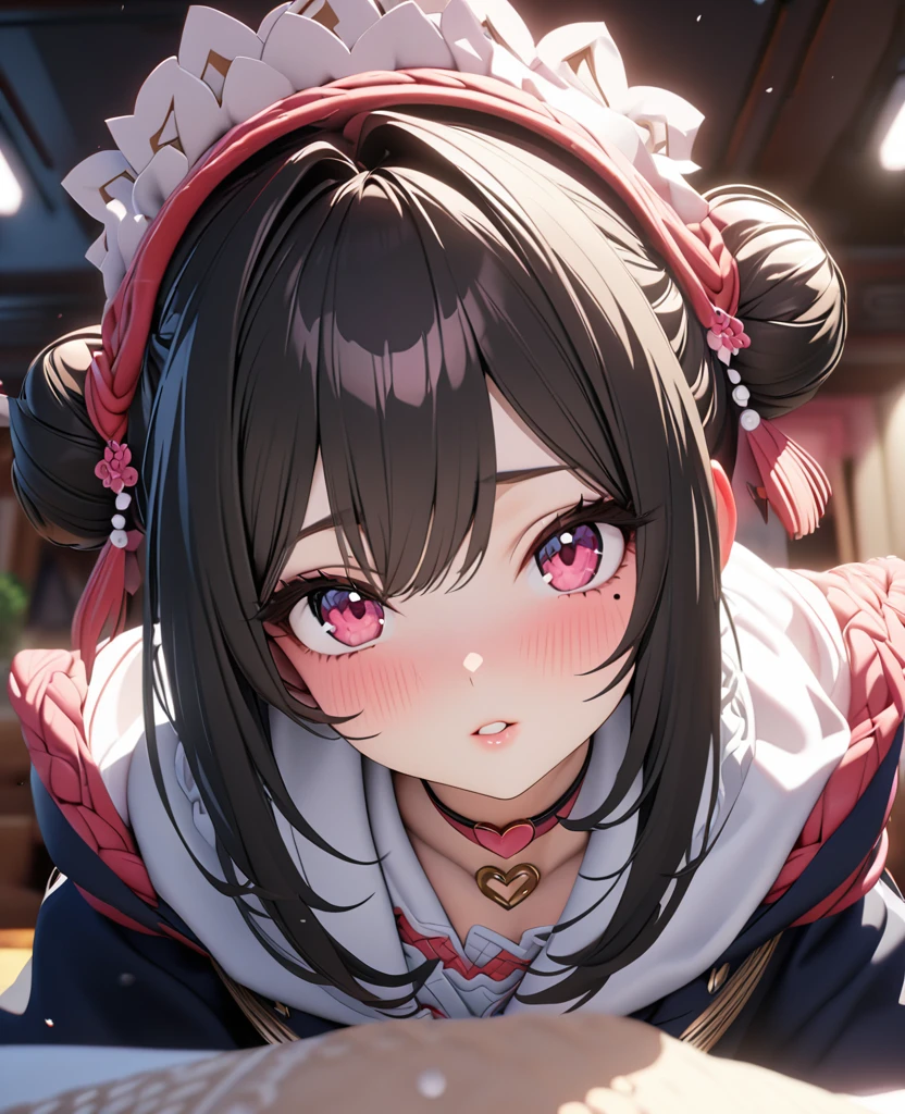 masterpiece, best quality, highly detailed, high resolution, expensive resolution, high resolution, 4K, 8k, uniform 8k wallpaper, highly detailed CG, masterpiece, 2D, 3D, beautiful details, depth, fine texture, best quality: 1.3, perfectly focused, crispy. skin, him, very cute anime girl, Her name is Mei, idol, brown double hair buns wearing expensive, mole under eye, looking at the viewer, cowboy short, expensive, blush, mole, plump lips, heart, pink eyes, heart shaped choker