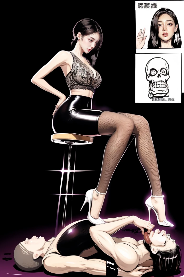 The beautiful girl in lace top and leggings is sitting astride a pile of skeletons in the center of the picture. She is holding a trembling sausage with juice squeezed out in her hand and smiling. There are multiple comic storyboards in the background，cbt, sausage bondage,sausage insertion,Sexy, trampling sausage with high heels heel,(masterpiece, best quality:1.2)，1 beautiful girl,sexy，comic storyboard:2, leggings, sit astride, axially symmetrical:2, ,femdom，sounding，cbt，hold，smile，colorful，leggings，thin gap，cameltoe，insertion，trembling，juice，spray， Long hair,Lace top,Sexy, Shiny leggings, High heel，cleveage, trampling, in forest, saliva , Mucus，