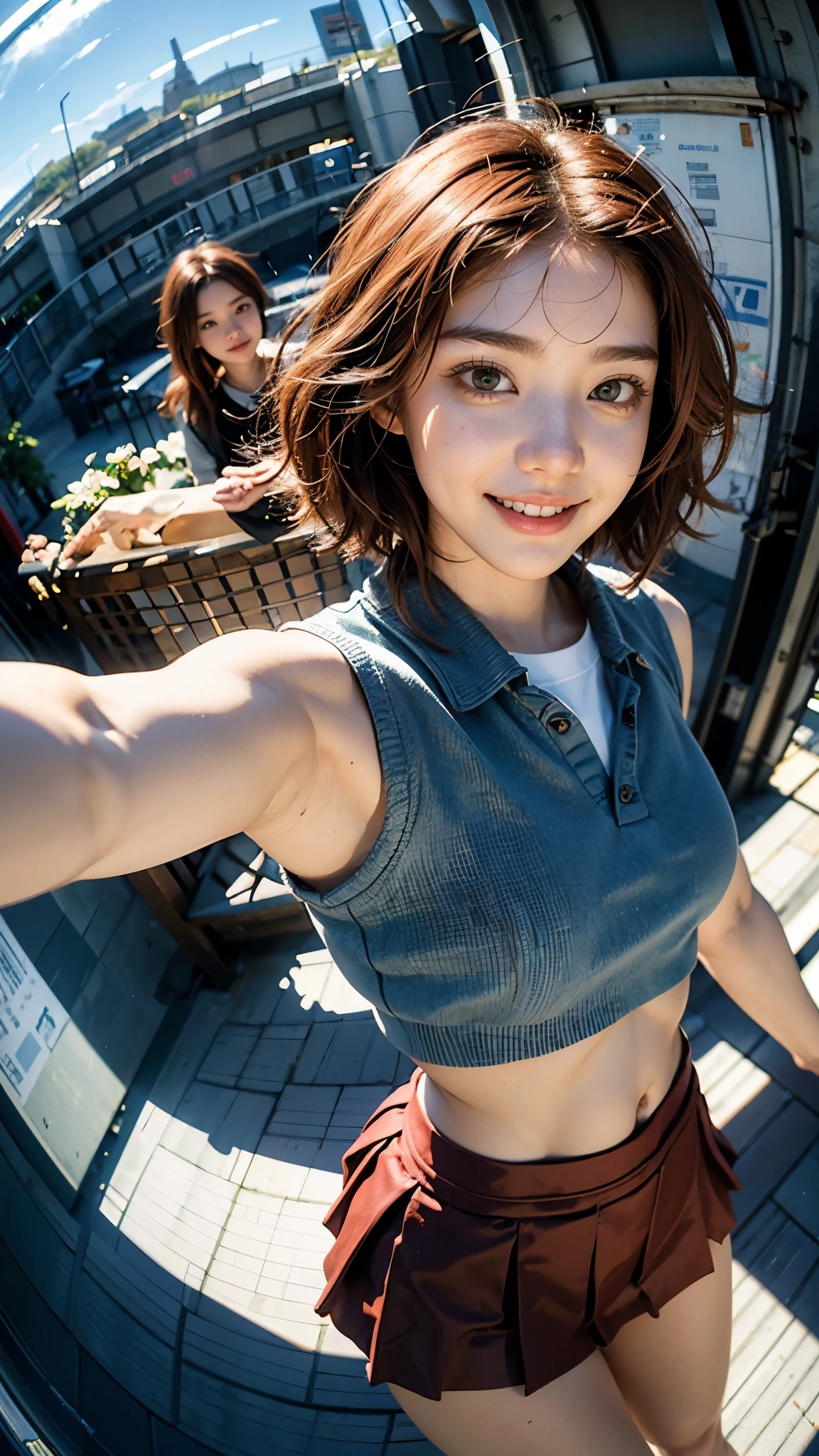 Highest quality, masterpiece, Ultra-high resolution,8K, (Realistic:1.6), (Face-to-face selfie portrait) RAW Photos, 1 Girl,(Full of smiles, Showing teeth)), 22 years old,((Korean Idol Karina Fashion)),(( uniform and undershorts)),((Straight red short hair)),((Red hair fluttering in the wind)),((Looking up at the audience)),Face Focus:1.4,((Selfie taken with a fisheye lens:1.4)),((Background of airplane trails shining against the blue sky)), 