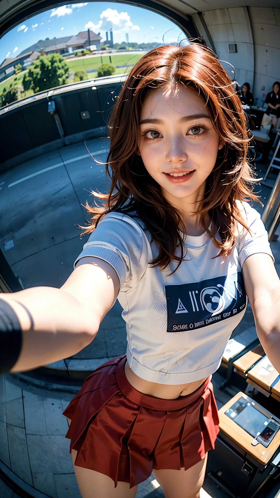 Highest quality, masterpiece, Ultra-high resolution,8K, (Realistic:1.6), (Face-to-face selfie portrait) RAW Photos, 1 Girl,(Full of smiles, Showing teeth)), 22 years old,((Korean Idol Karina Fashion)),((Miniskirt uniform and undershorts)),((Straight red short hair)),((Red hair fluttering in the wind)),((Looking up at the audience)),Face Focus:1.4,((Selfie taken with a fisheye lens:1.4)),((Background of airplane trails shining against the blue sky)),