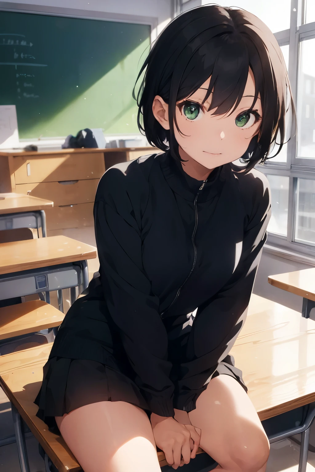 A Tomboy, with short dark hair wearing a black female winter uniform, sitting on the teachers desk in a class room, with beautiful green eyes.