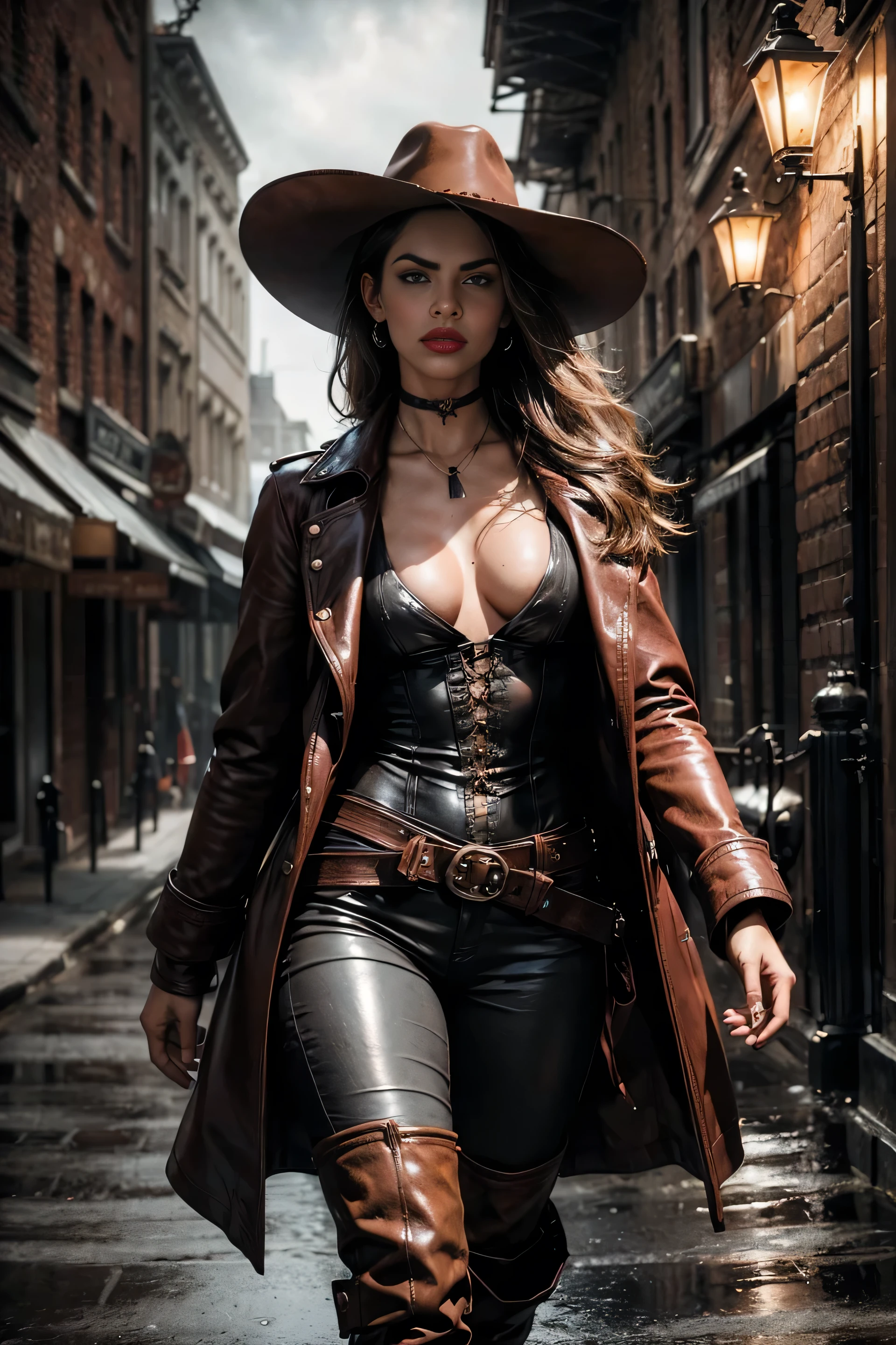 circa 1880s full length western cowboy woman, long brown ponytail, brown eyes, high arched eyebrows, long graceful neck, red lips, large breasts, tight brown leather pants, long leather coat, leather boots, cowboy hat, desolate desolate American small town dusty walks on a sandy street, (realistic, photorealistic, photorealistic:1.37 ), horror, dark and gloomy atmosphere with dramatic lighting, dull reddish colors, Foggy environment, detailed  expressions, Horrible fog