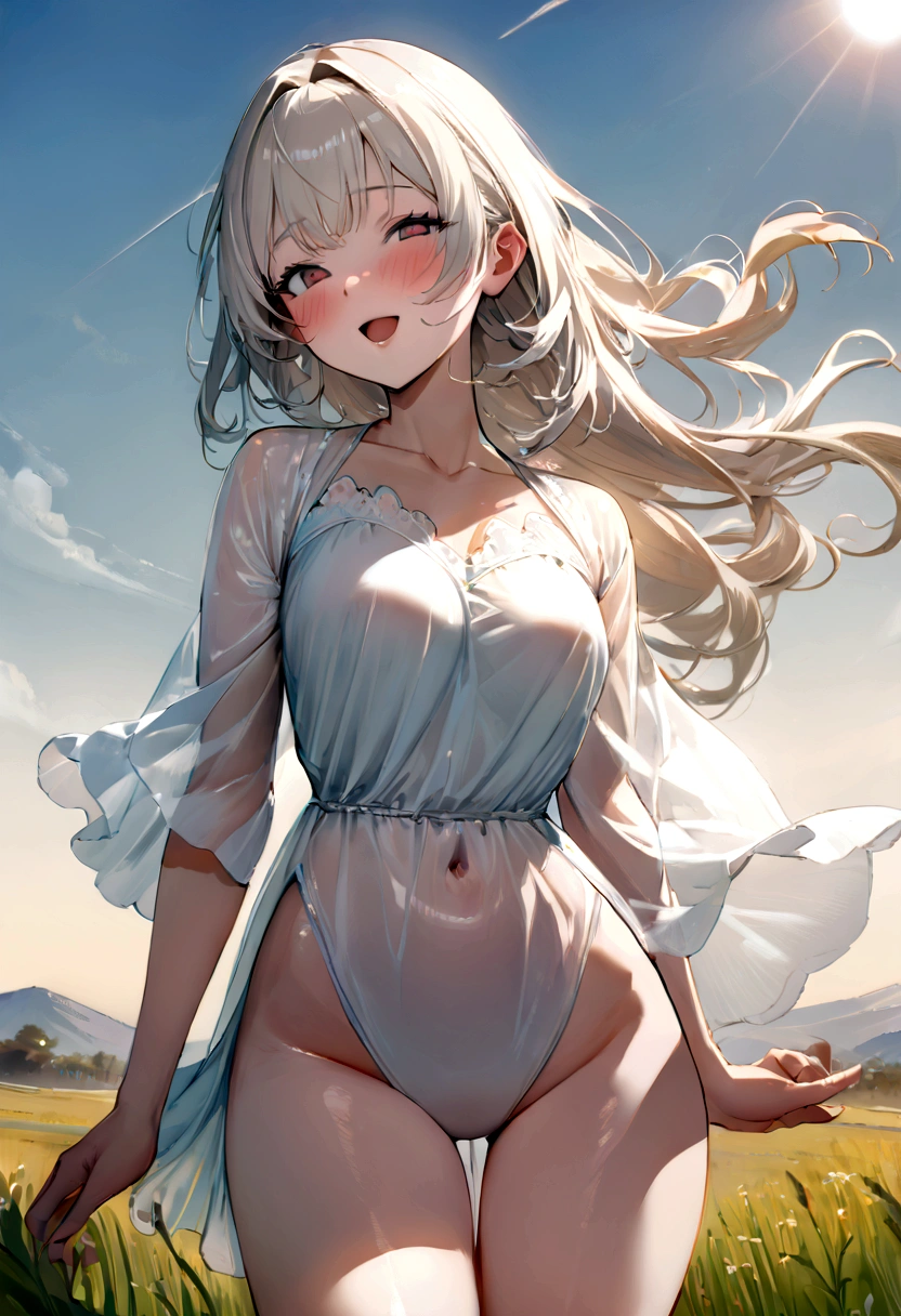 (((masterpiece,Super detailed,Very delicate))),whole body,(((Front view))),pretty girl,Fair skin,Attractive and attractive figure,Bring your face closer,Laugh shy,Blushing,Fantastic steppe,The wind is blowing,Sunshine,Very excited,See-through outerwear,Shiny innerwear