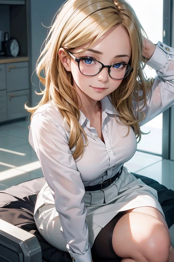 masterpiece, 最high quality, high quality, High resolution, high quality texture, high quality shadows, High resolution, Beautiful details, Detailed CG, Detailed Texture, Realistic representation of face, Realistic, colorful, delicate, Cinematic Light, Side light, Lens flare, Ray Tracing, sharp concentrated, (1 Girl,concentrated:1.3), ( Intricate details, compensate, PureErosFaceV1:0.5), (細部まで美しいdelicateな顔, 緻密で美しいdelicateな瞳, Perfect  Proportions, Dense skin, Optimal ratio of four fingers to one thumb, Arms under chest, Small breasts, Wide Hips, Smooth upper abdomen, 30 years old,Blue Eyes,Glasses, Study, cabin attendant uniform,Glasses,White shirt, Black tight skirt,Black Stockings,machine,,house wife,curvy,supright straddle, bich, sweat,, gaze, the gaze of true love, lips of temptation, A look full of compassion ,a smile full of love, i love you, Acting lovey-dovey, air fortress hair, blonde hair