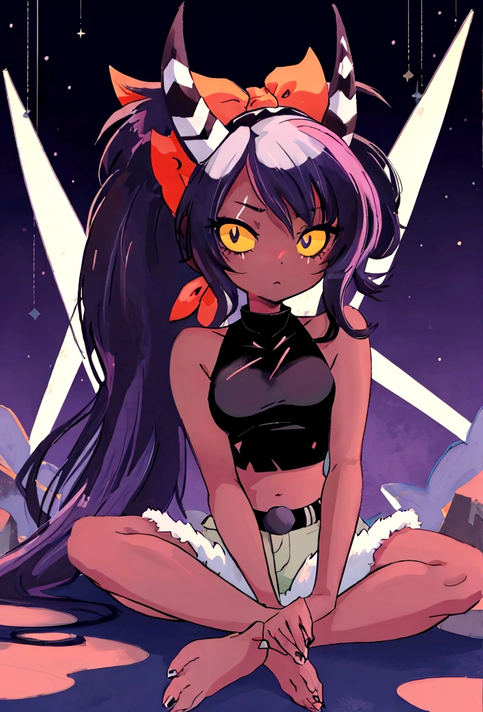 anime girl sitting on ground, 1girl, solo, gyaru, shape eyes, small breast, dark-skinned, long hair, straight hair, dark purple hair, short jean, Cross Halter Crop Top,  stick out tongu, sleeveless, sitting, yandere
[ 4 k digital art ]!!, by :5 sexy: 7, anime artstyle, anime style 4 k, anime style. 8k, anime styled, digital anime art!!, in an anime style, high quality anime artstyle, realistic anime artstyle, digital art on pixiv