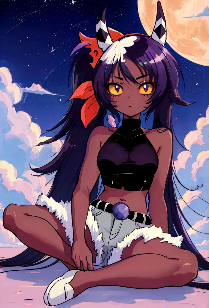 anime girl sitting on ground, 1girl, solo, gyaru, shape eyes, small breast, dark-skinned, long hair, straight hair, dark purple hair, short jean, Cross Halter Crop Top,  stick out tongu, sleeveless, sitting, yandere
[ 4 k digital art ]!!, by :5 sexy: 7, anime artstyle, anime style 4 k, anime style. 8k, anime styled, digital anime art!!, in an anime style, high quality anime artstyle, realistic anime artstyle, digital art on pixiv