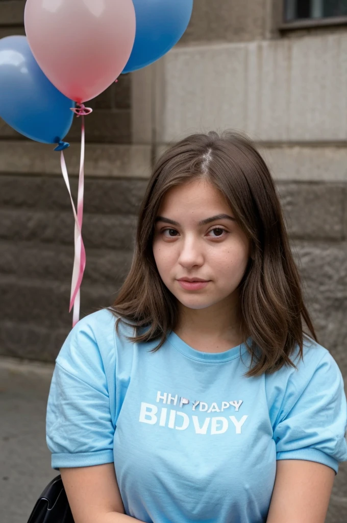 above average young woman, birthday , balloons, people in the background