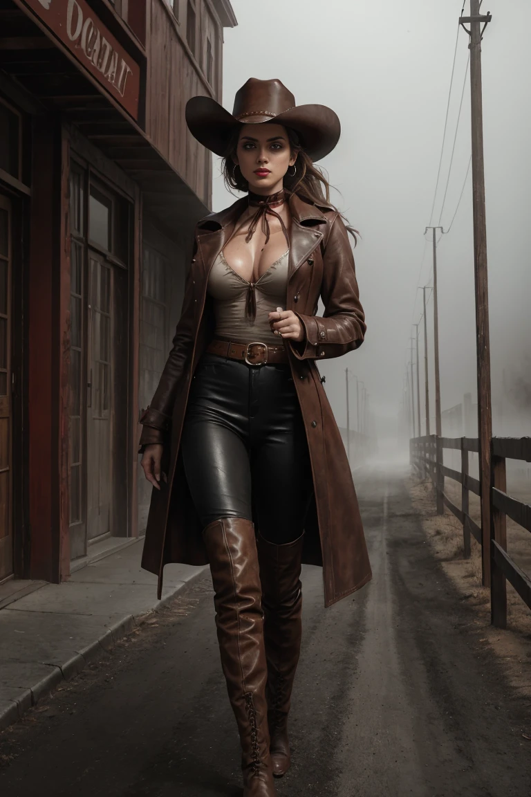 circa 1880s full length western cowboy woman, long brown ponytail, brown eyes, high arched eyebrows, long graceful neck, red lips, large breasts, tight brown leather pants, long leather coat, leather boots, cowboy hat, desolate desolate American small town dusty walks on a sandy street, (realistic, photorealistic, photorealistic:1.37 ), horror, dark and gloomy atmosphere with dramatic lighting, dull reddish colors, Foggy environment, detailed facial expressions, Horrible fog
