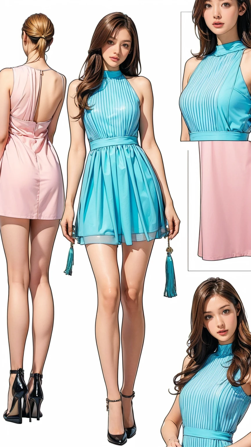 ((masterpiece)),(((Highest quality))),((Character design sheet)),Thin thighs,Long legs,((woman, alone, Long Hair)),Innocent look, Bare arms, Expose your shoulders, Bear neck, watercolor, water, Wave, water dress, Ocean, See-through dress,Golden Hair,