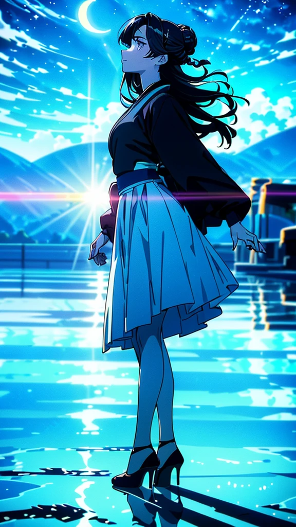 1girl, hopeful, standing, wearing (((period accurate, opera attire: 0.7)), ((diva wig), high bun, (long hair), ((pale skin))), ((blue eyes:1)), ((boutiques)), ((eye shadow)), high heels, ((high contrast)), ((outdoors, moonlight:0.9)), ((orchestral accompaniment)), (((centered)), (full body)), ((dramatic pose:1)), ((lively eyes)), ((classical profile)), 22 years old, ((head tilt)), ((curious expression)), (((high contrast: skin tones, clothes)), ((beautiful lighting)), ((looking upwards)), ((perfect hands)), ((well-groomed hands)), ((dainty feet)), ((high heels)), (( Curved pose:0.9)), (( Calm expression)), 25 years old, ((cruising), ((clouds:0.9)), ((crescent moon:0.9))),4k resolution)),((high quailty lens)),((lens ISO f4.5)),((effect blurred rim +5)),((Eliminates Chromatic Aberration)),((Enable Canon lens correction)),BREAK,((best graphics model)),((Bright balance and soft ratio)), ((moderate dark balance)),((dark area 30%)),((((contrast 10%)), BREAK,((ratio sun beam 60%)),((Sky light 10%)),BREAK,((of the highest quality, 8K,Raw photo)),Japanese style colors, Soft-beam light, afternoon light,BREAK,((Fixed Finger, Hand))