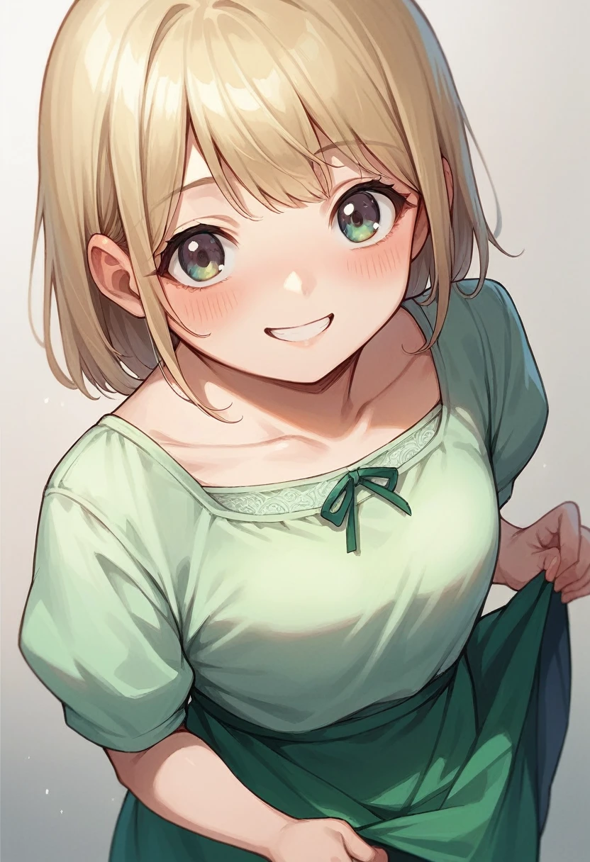 score_9,score_8_up,score_7_up,score_6_up,source_anime,solo,1girl,skirt lift,close-up,from above,looking at viewer,upper body,blush,smile,green sundress,