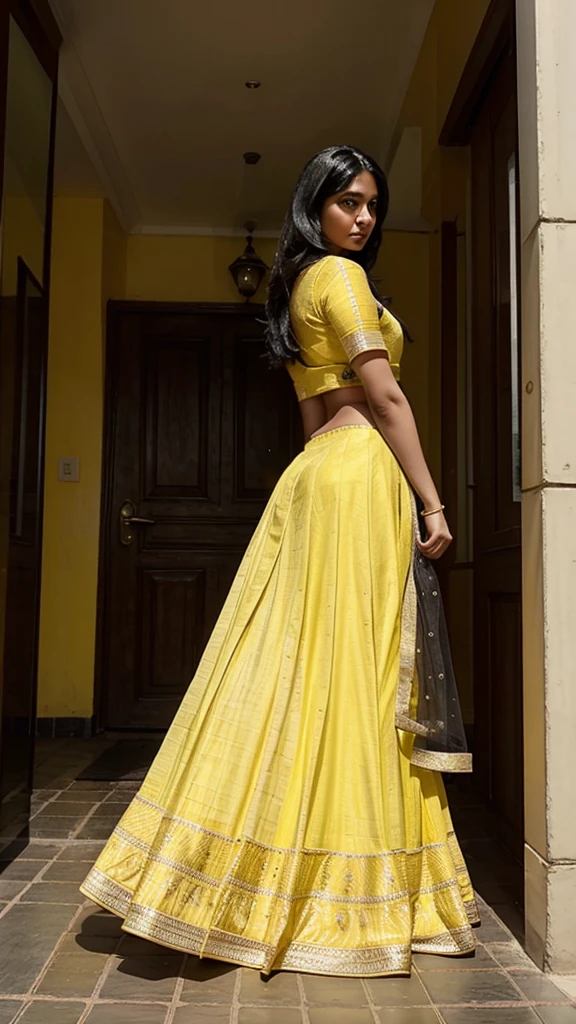A indian gril black hair  visit tajmohal  drees yellow lehenga