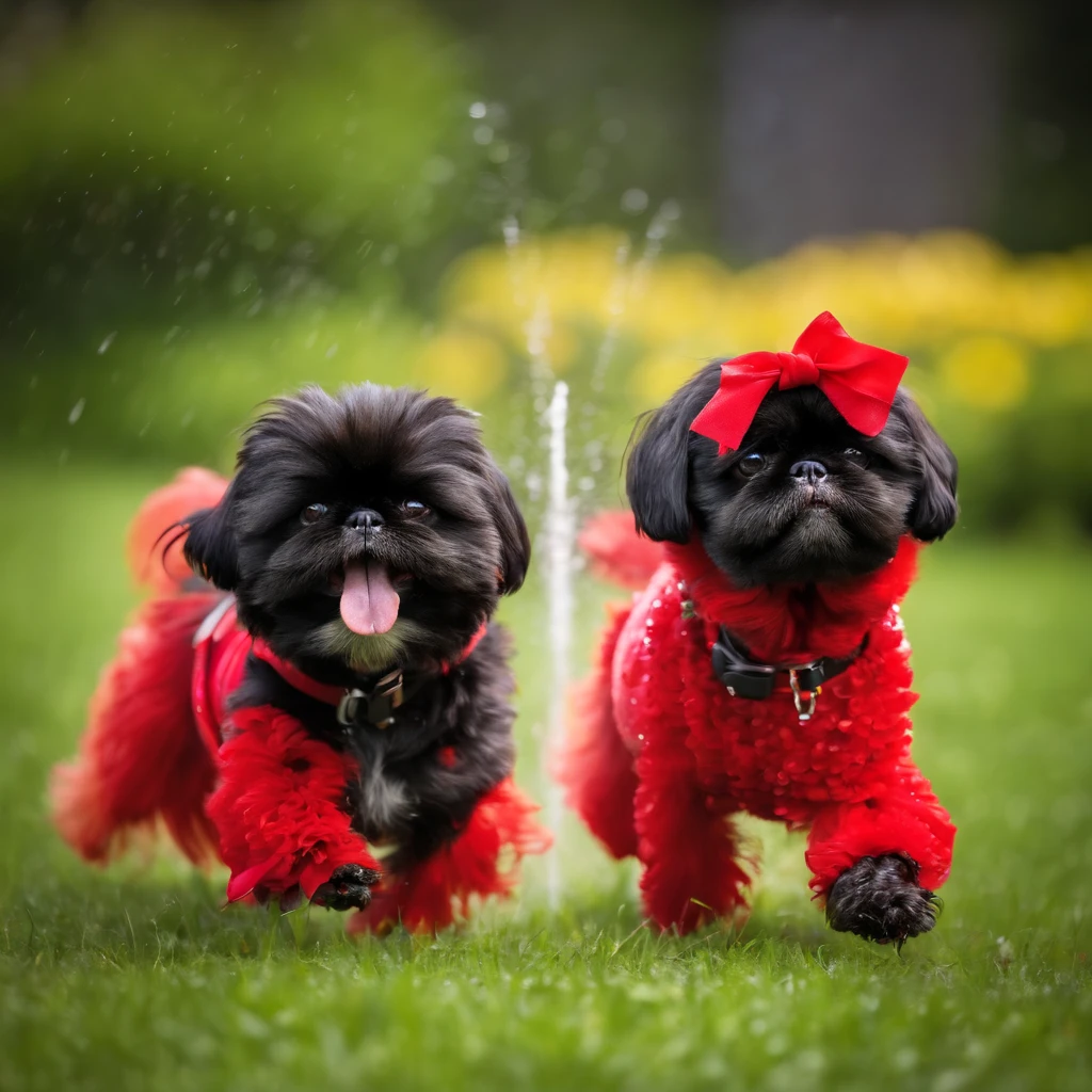 Two small black shih tzus wearing red sunglasses playing with sprinklers