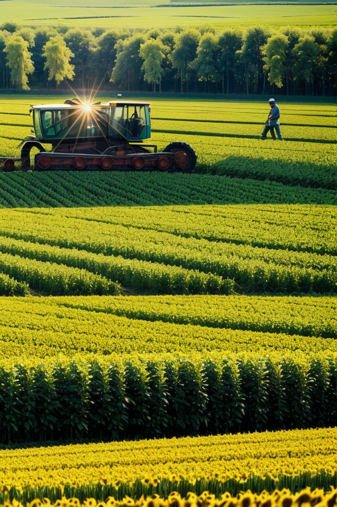 Images of a person sowing in a fertile field with a sun and sunny panorama