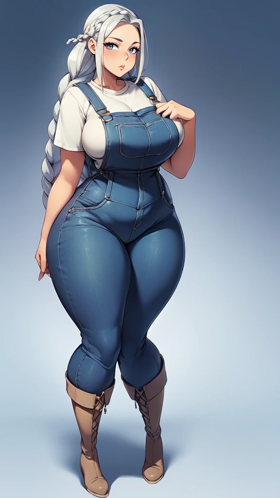 ((blank background)), masterpiece, best quality, silver hair, (curvy:1.7), (massive breast:1), ((full body framing)), (long legs:1.6), symmetry, farmer woman, (blue overalls), long boots, belt below navel, lumberjack shirt, (braided hair)