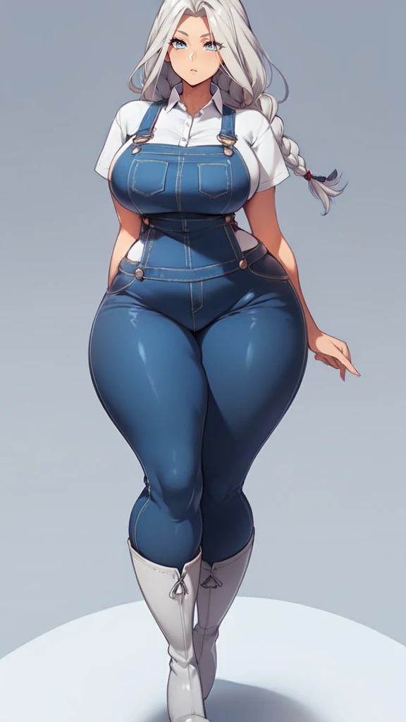 ((blank background)), masterpiece, best quality, silver hair, (curvy:1.7), (massive breast:1), ((full body framing)), (long legs:1.6), symmetry, farmer woman, (blue overalls), long boots, belt below navel, lumberjack shirt, (braided hair)