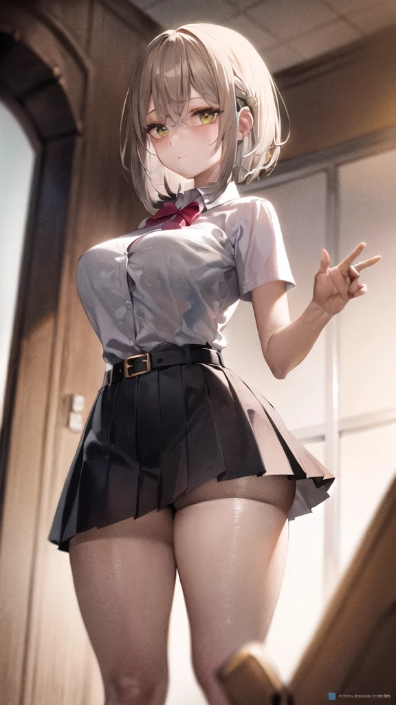 General Details: very detailed, highly detailed, exceptionally high detail, exceptionally detailed, best quality, 2.5D artwork, perfect lighting and shadows, perfect artwork, one girl, beautiful hands, perfect hands
Clothing: clothing, (simple dark gray pleated short skirt: 1.4), (black leather belt with shiny gold buckle: 1.3), (dark red bow tie: 1.2), short sleeves, white shirt, shirt with white buttons
 Expression: slight smile at the corner of the mouth, sly gaze
Posture: standing, posing, looking at the viewer
Character Traits: slender, kawaii, perfectly symmetrical face, slightly pink soft cheeks, extremely cute girl, extremely cute face, exceptionally detailed eyes, exceptionally detailed hair, extremely cute
Background: abandoned city, night, dark, deep focus, exceptionally detailed background
Additional Physical Characteristics: large , large thighs, beautiful long slim legs
Hairstyle: (short bob with  bangs), single pigtail on the left, hair between the eyes, multi-colored hair, (white hair with light red tips), amber eyes