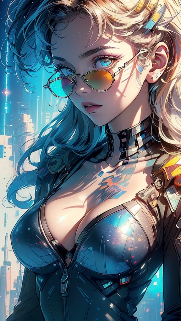 (((masterpiece, highest quality))),(((solo:1.2))),(((1girl:1.2))),32k wallpaper, very detailed,(((((portfolio))))),(((((Close-up))))),(((((bust up))))),((((more various angle)))),(((highlight))),((((heterochromia)))),(((complete. detailed face))),((((Extremely talented)))),((((Wonderfully detailed complicated machine)))),((((genius mechanic)))),((Overall colorfully)),(((futuristic galaxy))),(((perfect clear skinn))),(((Cleavage))),(((wonderfull sunglasses))),(((reflection neon)))