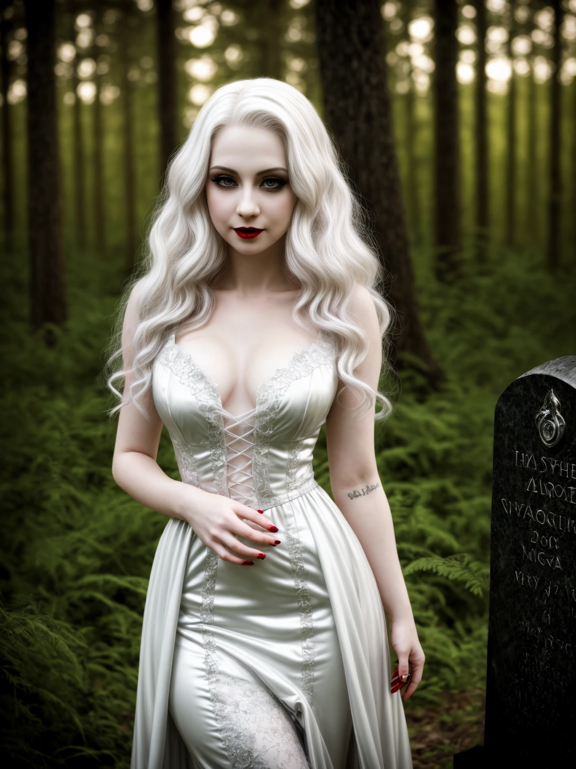 female sexy vampire|albino, pale porcelain skin, sexy vintage black dress, smile, shallow depth of field, grin|creepy, nightfall, detailed face, night, wide hips, narrow waist, portrait of woman standing, detailed eyes, portrait of woman standing, 8k RAW photo, highest quality, looking at the viewer, best shadow, intricate details, long hair, bright eyes, forest, grave, gothic, goth detailed, highres, high qualilty, high saturation